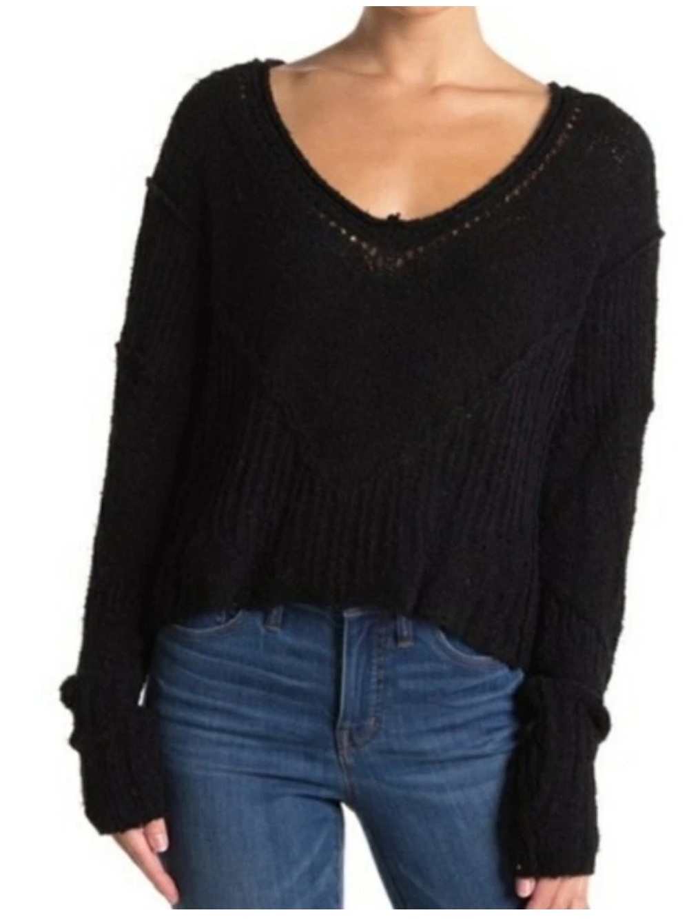 Free People Black Crop Knit Sweater Boxy Relaxed Grunge Dark Academia S NWT